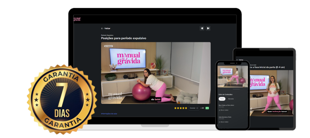 Acesso ao curso Manual da Grávida em notebook, tablet e celular, com selo de 7 dias de garantia