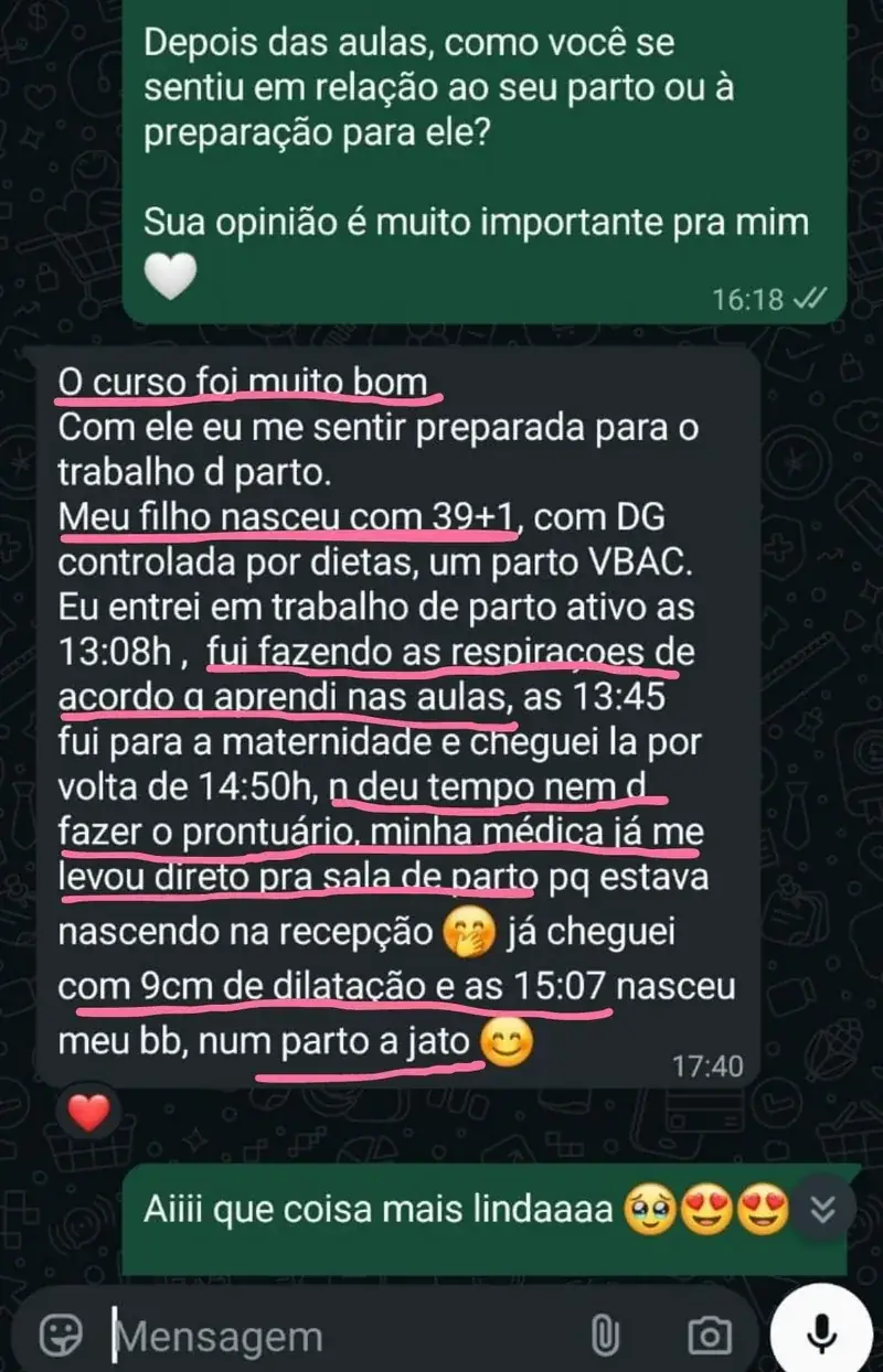 Mensagem de aluna do Manual da Grávida relatando a experiência de parto