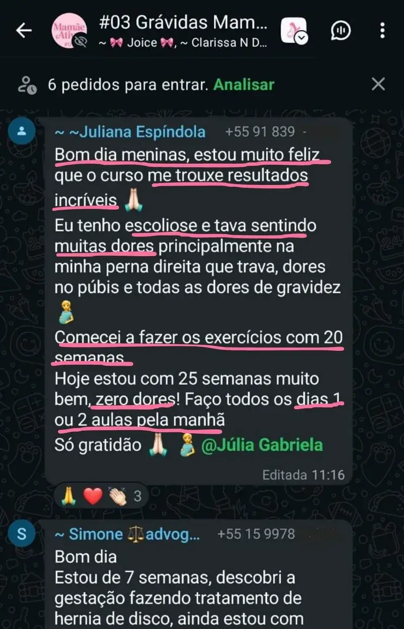 Mensagem de aluna do Manual da Grávida relatando a experiência de parto