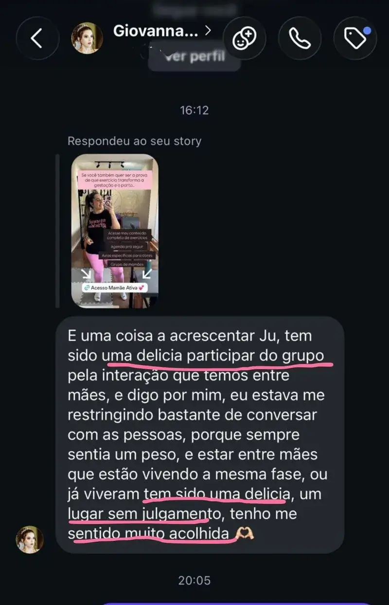 Mensagem real de aluna do Manual da Grávida relatando a experiência de gestação e parto