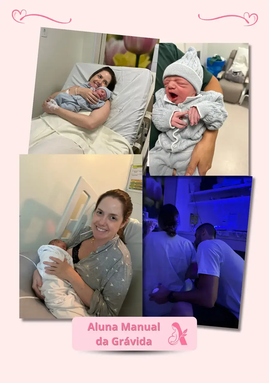 Colagem de fotos de alunas do Manual da Grávida: mamães com seus recém-nascidos no leito, bebê de touca no colo e casal em fototerapia