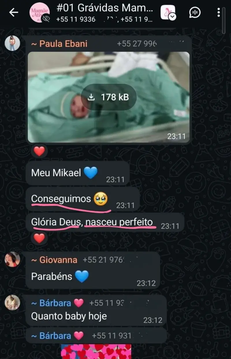 Mensagem de aluna do Manual da Grávida relatando a experiência de parto
