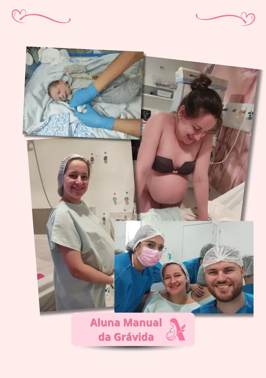 Colagem de fotos de alunas do Manual da Grávida: bebê sendo vestido, gestante em trabalho de parto sorrindo e casal com a equipe na maternidade