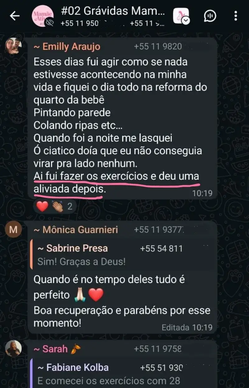 Mensagem real de aluna do Manual da Grávida relatando a experiência de gestação e parto