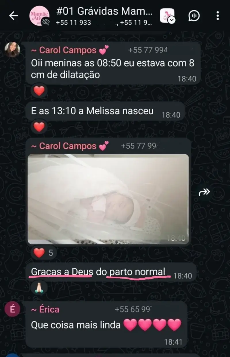 Mensagem de aluna do Manual da Grávida relatando a experiência de parto