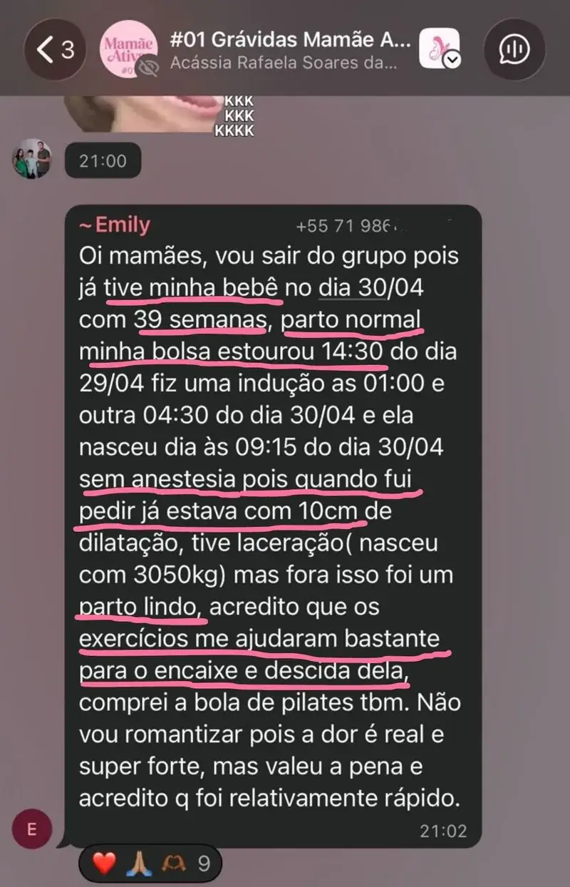 Mensagem de aluna no grupo contando que teve parto normal com 39 semanas, sem anestesia, e creditando os exercícios ao encaixe e à descida do bebê