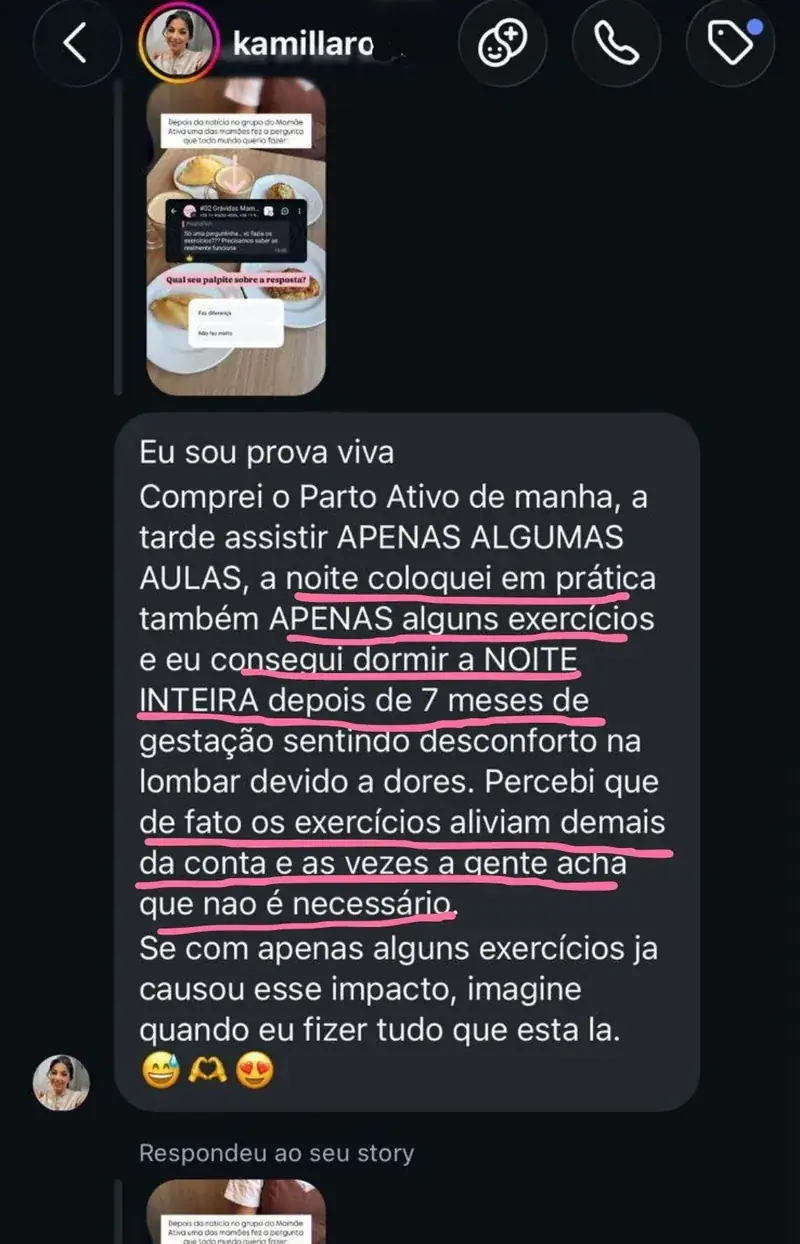Mensagem de aluna do Manual da Grávida relatando a experiência de parto