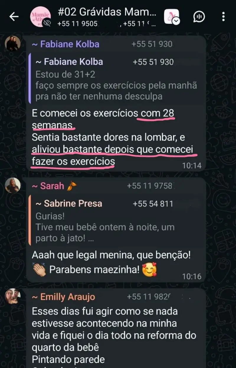 Mensagem real de aluna do Manual da Grávida relatando a experiência de gestação e parto