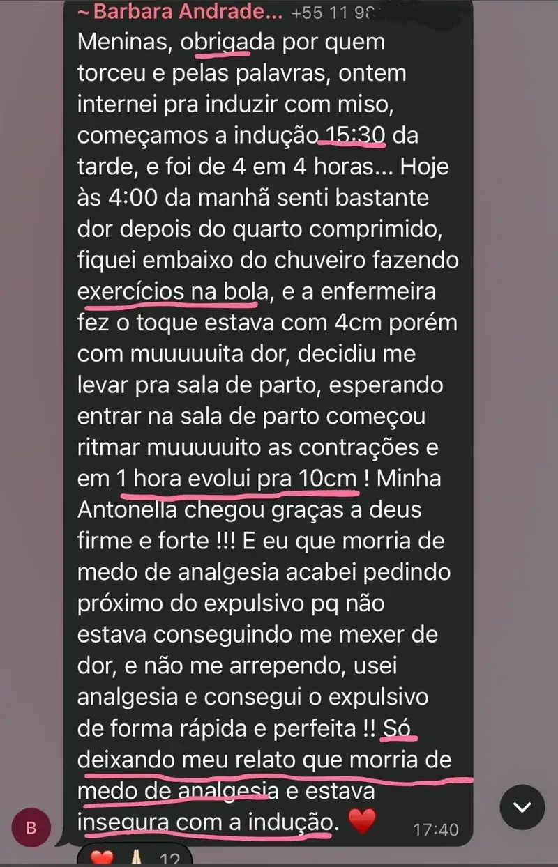 Mensagem real de aluna do Manual da Grávida relatando a experiência de gestação e parto