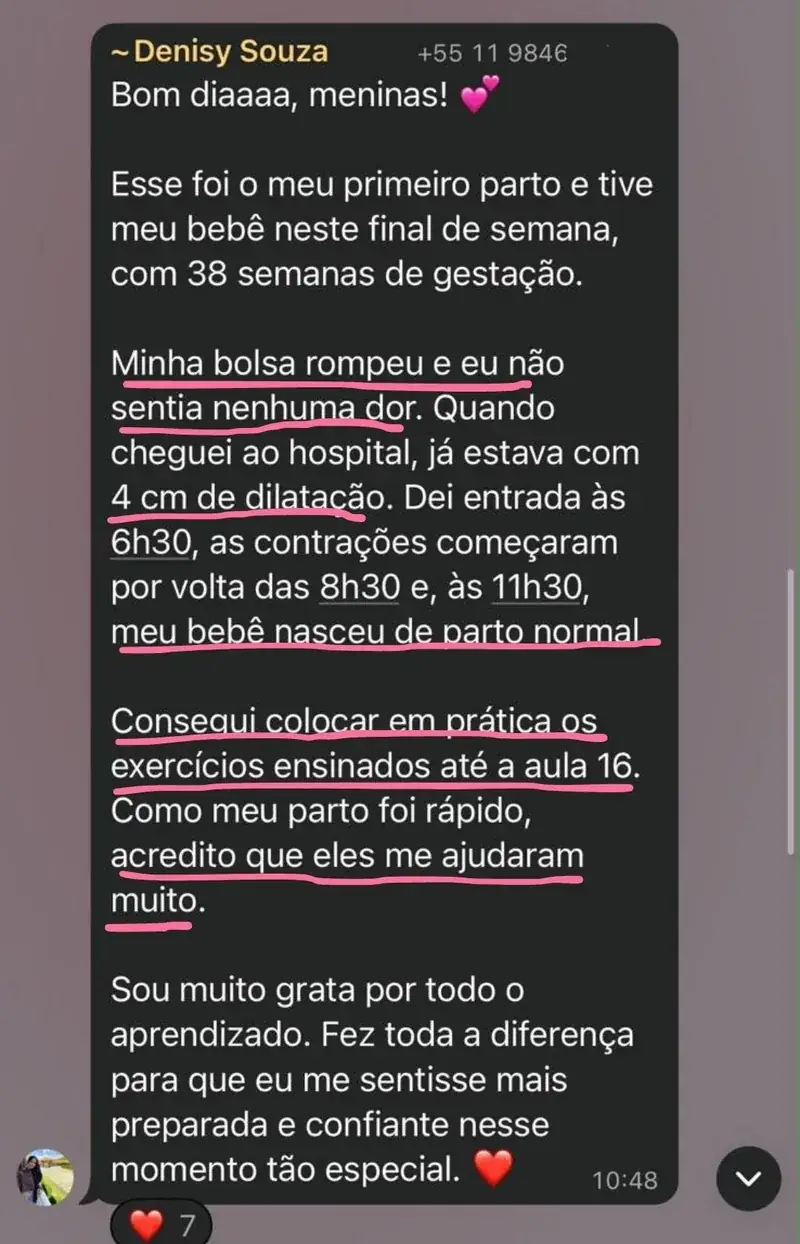 Mensagem de aluna do Manual da Grávida relatando a experiência de parto