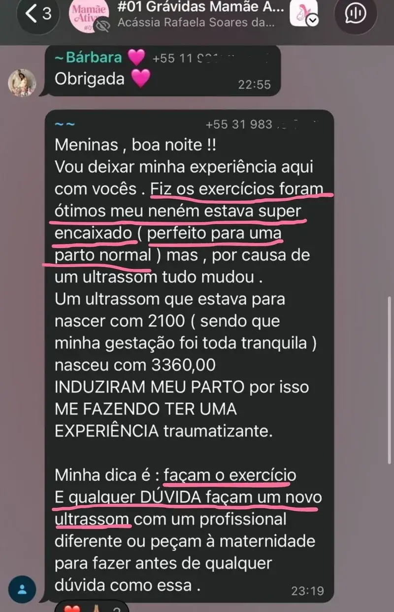 Mensagem real de aluna do Manual da Grávida relatando a experiência de gestação e parto