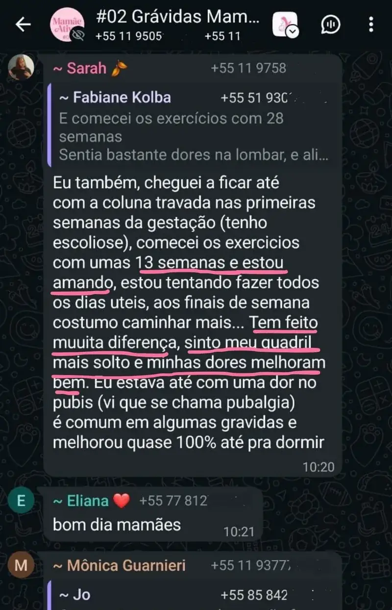 Mensagem real de aluna do Manual da Grávida relatando a experiência de gestação e parto
