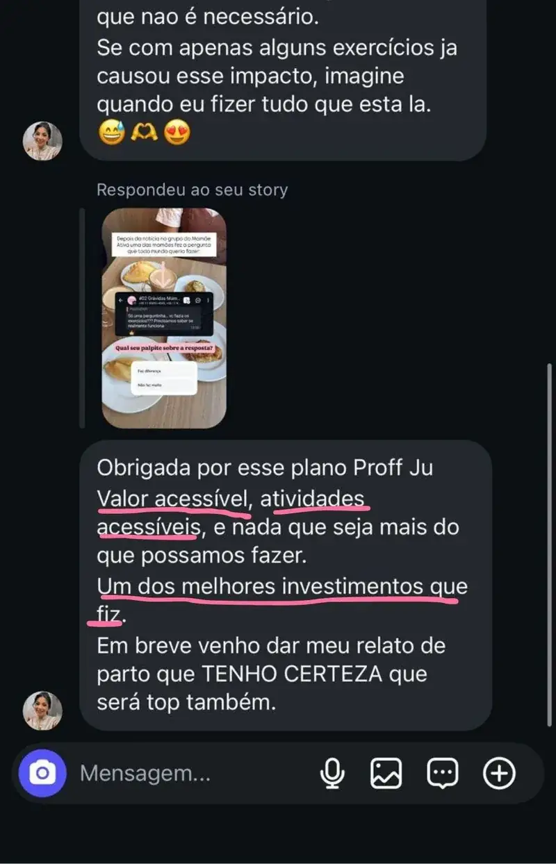 Mensagem de aluna do Manual da Grávida relatando a experiência de parto