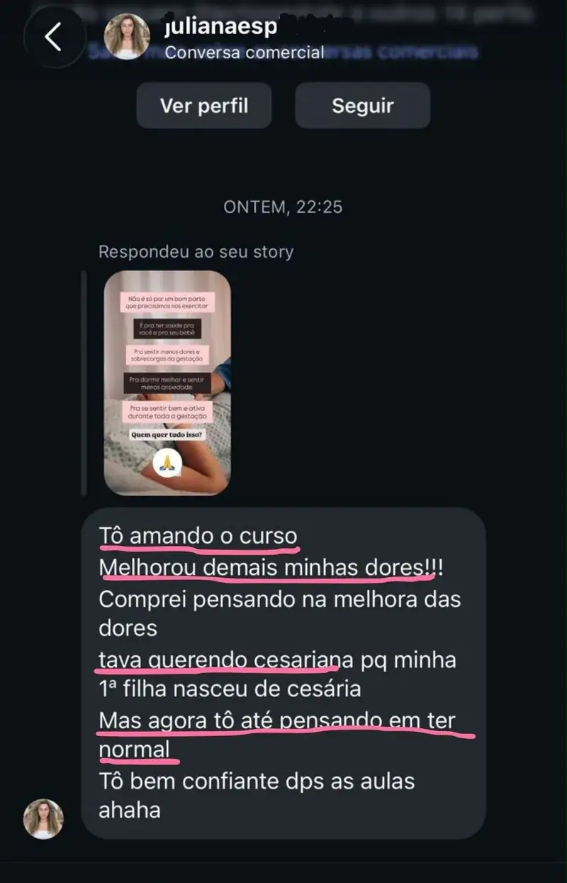Mensagem de aluna do Manual da Grávida relatando a experiência de parto