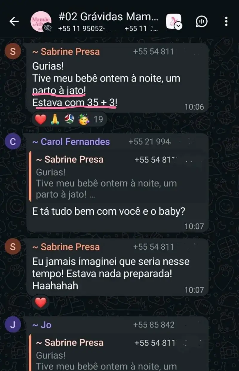 Mensagem de aluna do Manual da Grávida relatando a experiência de parto