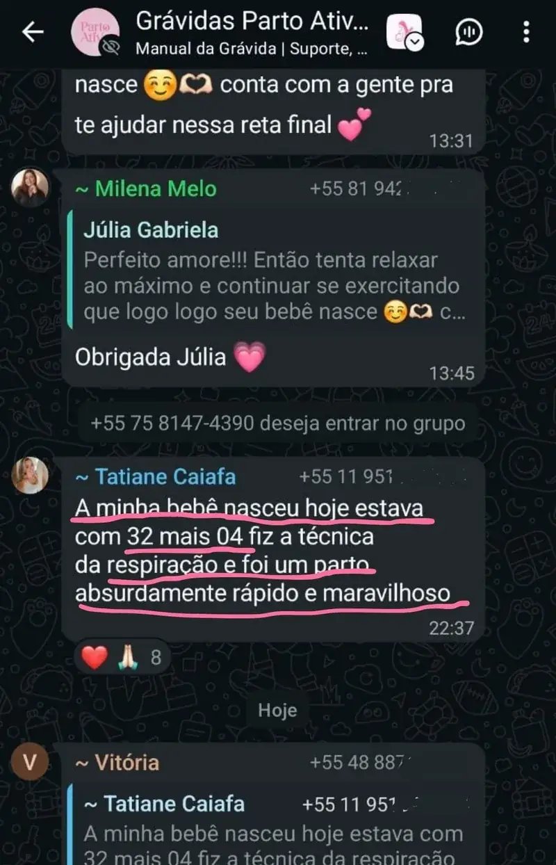 Mensagem de aluna do Manual da Grávida relatando a experiência de parto