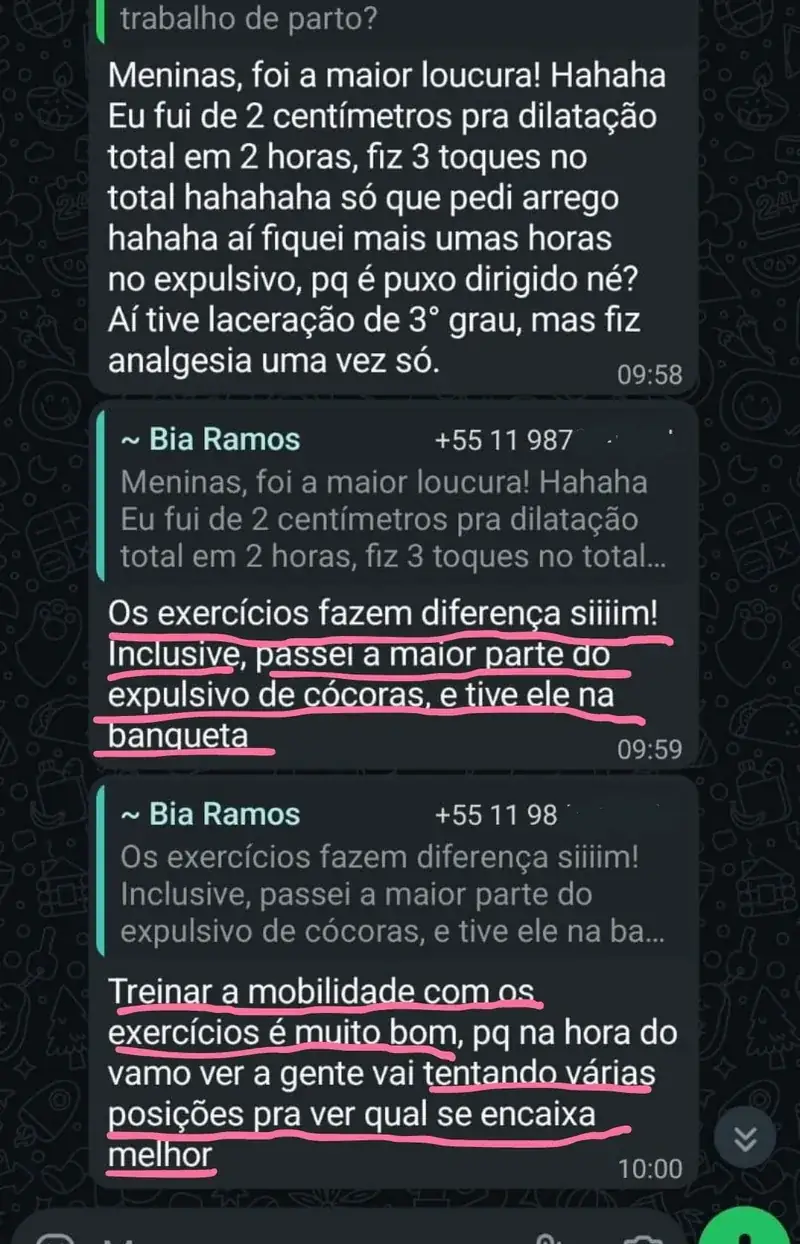 Mensagem real de aluna do Manual da Grávida relatando a experiência de gestação e parto
