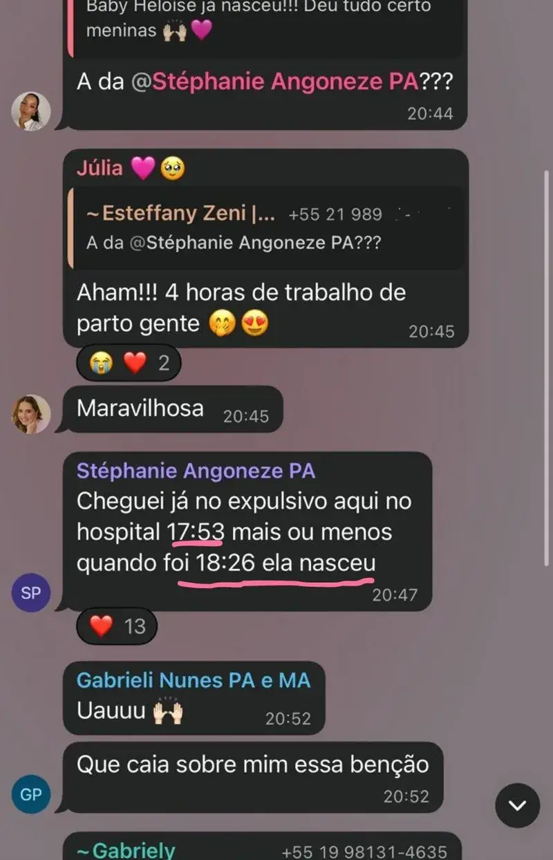 Mensagem de aluna do Manual da Grávida relatando a experiência de parto